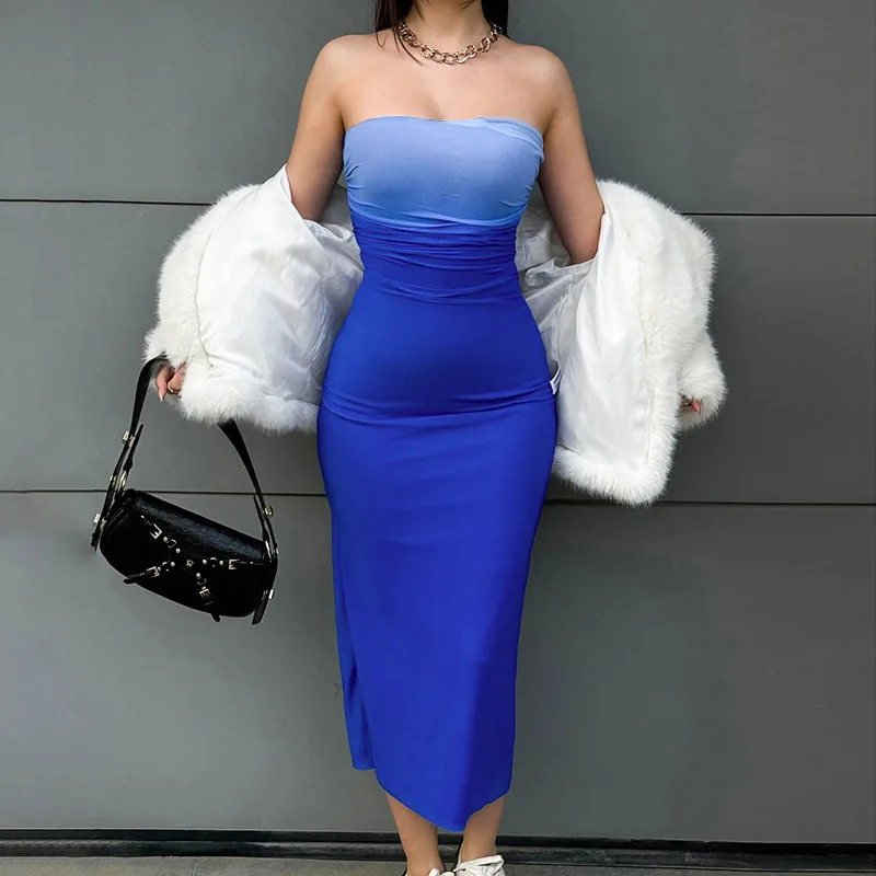 Women Tie Dye Gradient Sleeveless Backless Strapless Dress Summer Sexy Slim Bodycon Dresses Fashion Beach Chest Wrapping Clothes