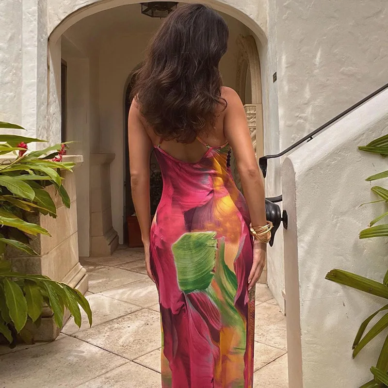 Elegant Tie Dye Floral Chiffon Dress Summer Sexy Women Backless Lace Bodycon See Through 2024 Beach Party Vestidos