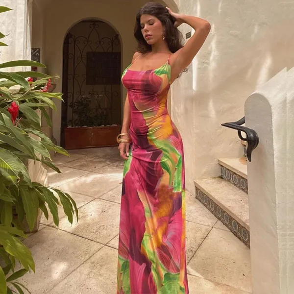 Tie Dye Floral Chiffon Backless Lace Dress - Image 3