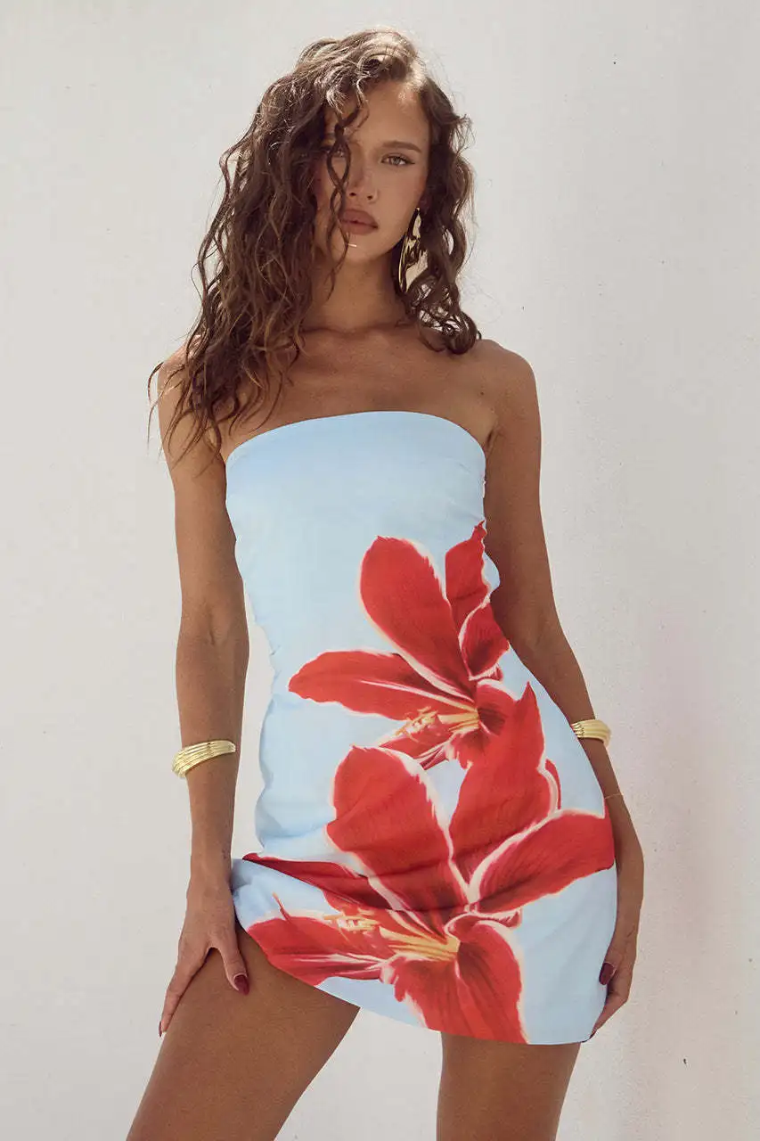 Sexy Sleeveless Strapless Tie Dye Print Tube Dress Women Chest Wrapping Backless Tube Sundress Summer Vocation Beach Clothes