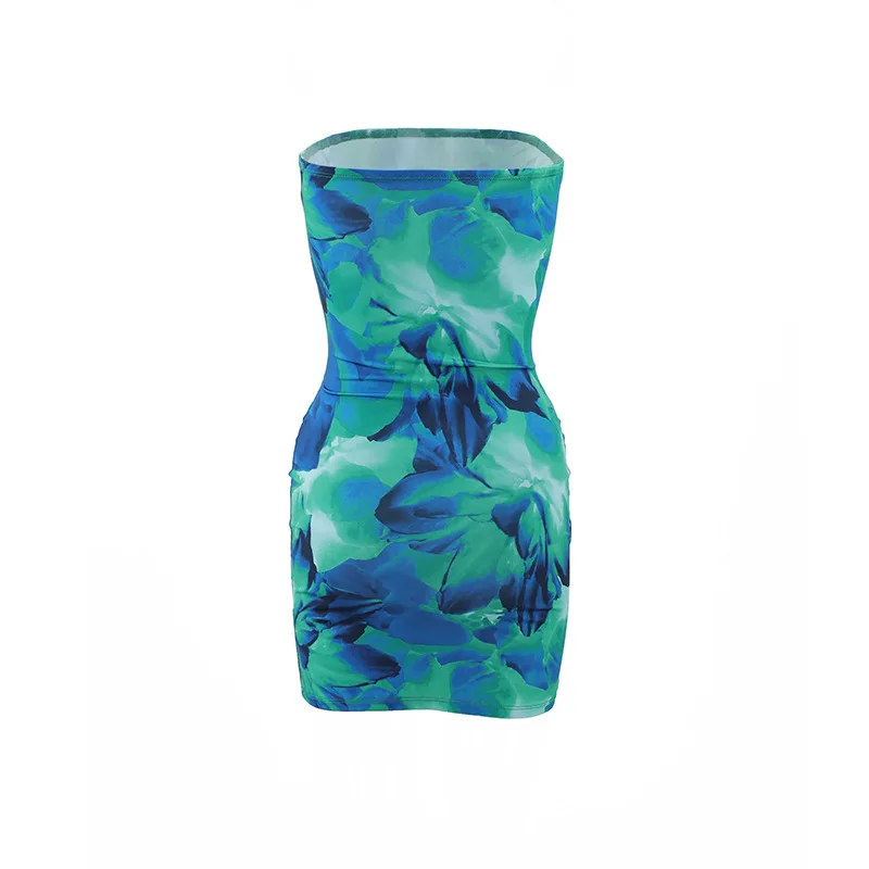 Sexy Sleeveless Strapless Tie Dye Print Tube Dress Women Chest Wrapping Backless Tube Sundress Summer Vocation Beach Clothes