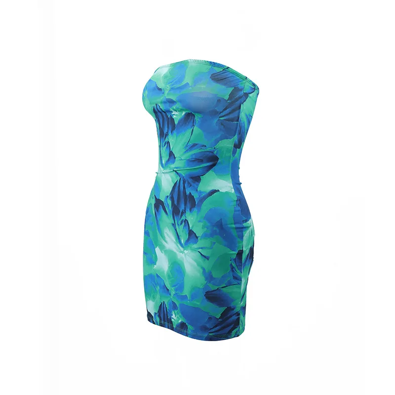 Sexy Sleeveless Strapless Tie Dye Print Tube Dress Women Chest Wrapping Backless Tube Sundress Summer Vocation Beach Clothes