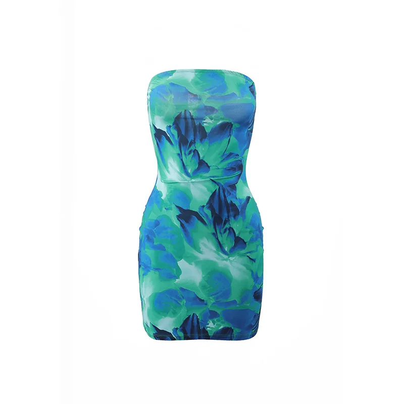Sexy Sleeveless Strapless Tie Dye Print Tube Dress Women Chest Wrapping Backless Tube Sundress Summer Vocation Beach Clothes