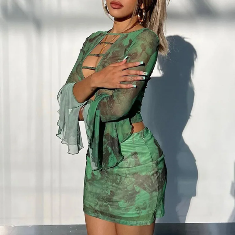 Spring Tie-Dye Printed Mesh Dress Y2K Women Round Neck Trumpet Long-Sleeved Hollow Top Hip-Wrapping Slim-Fit Half-Skirt Suit