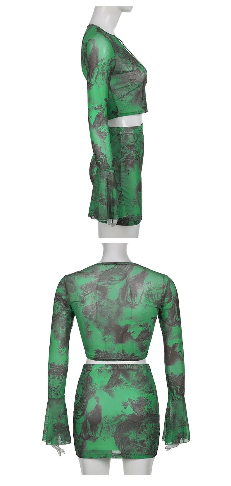 Spring Tie-Dye Printed Mesh Dress Y2K Women Round Neck Trumpet Long-Sleeved Hollow Top Hip-Wrapping Slim-Fit Half-Skirt Suit