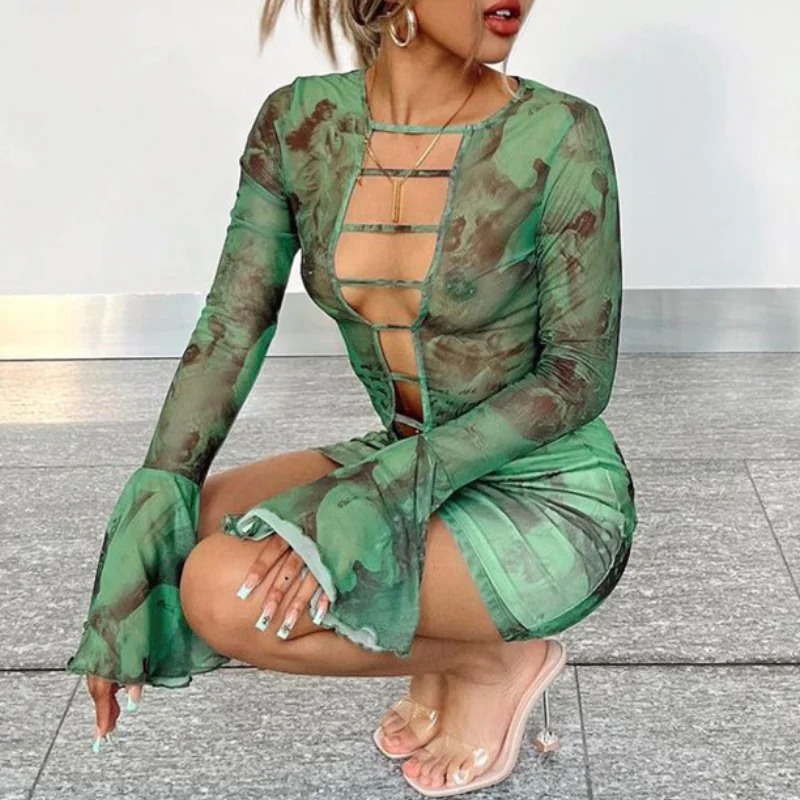 Spring Tie-Dye Printed Mesh Dress Y2K Women Round Neck Trumpet Long-Sleeved Hollow Top Hip-Wrapping Slim-Fit Half-Skirt Suit