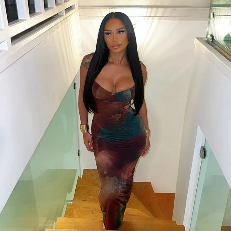 Summer Women Vintage Tie Dye Print Maxi Dress Sexy Backless Cleavage Body-shaping Elegant Spaghetti Strap Robe Party Vestido
