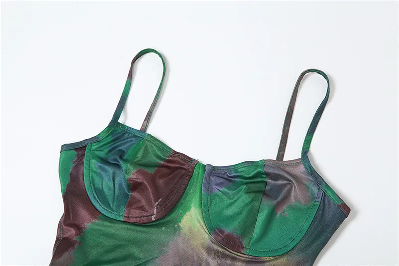 Summer Women Vintage Tie Dye Print Maxi Dress Sexy Backless Cleavage Body-shaping Elegant Spaghetti Strap Robe Party Vestido