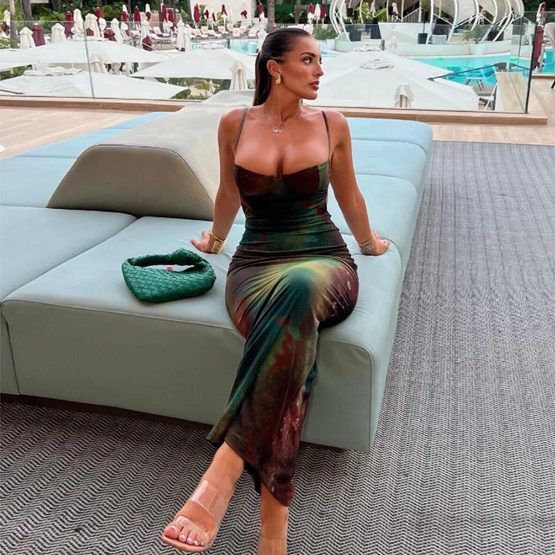 Summer Women Vintage Tie Dye Print Maxi Dress Sexy Backless Cleavage Body-shaping Elegant Spaghetti Strap Robe Party Vestido
