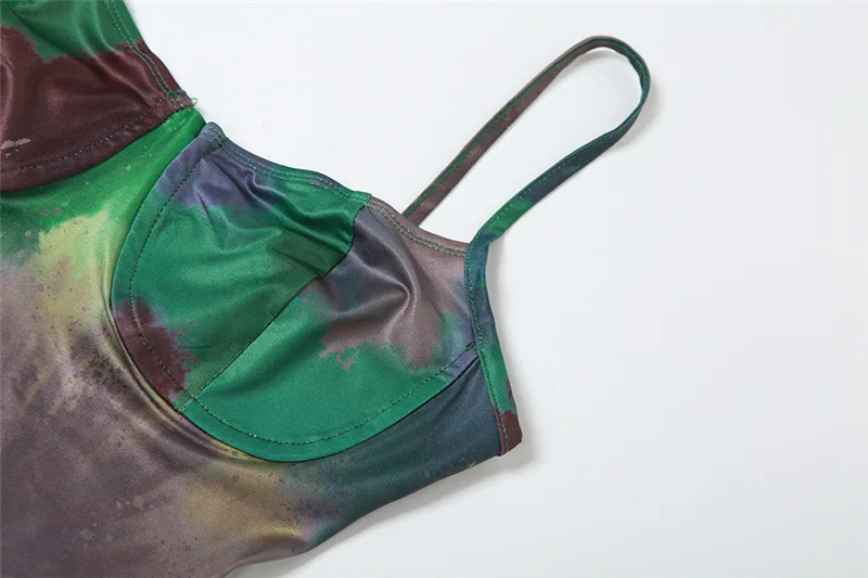 Summer Women Vintage Tie Dye Print Maxi Dress Sexy Backless Cleavage Body-shaping Elegant Spaghetti Strap Robe Party Vestido