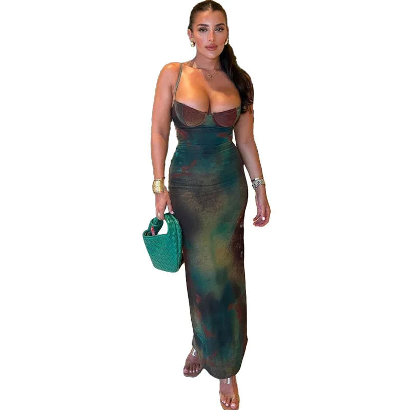 Summer Women Vintage Tie Dye Print Maxi Dress Sexy Backless Cleavage Body-shaping Elegant Spaghetti Strap Robe Party Vestido