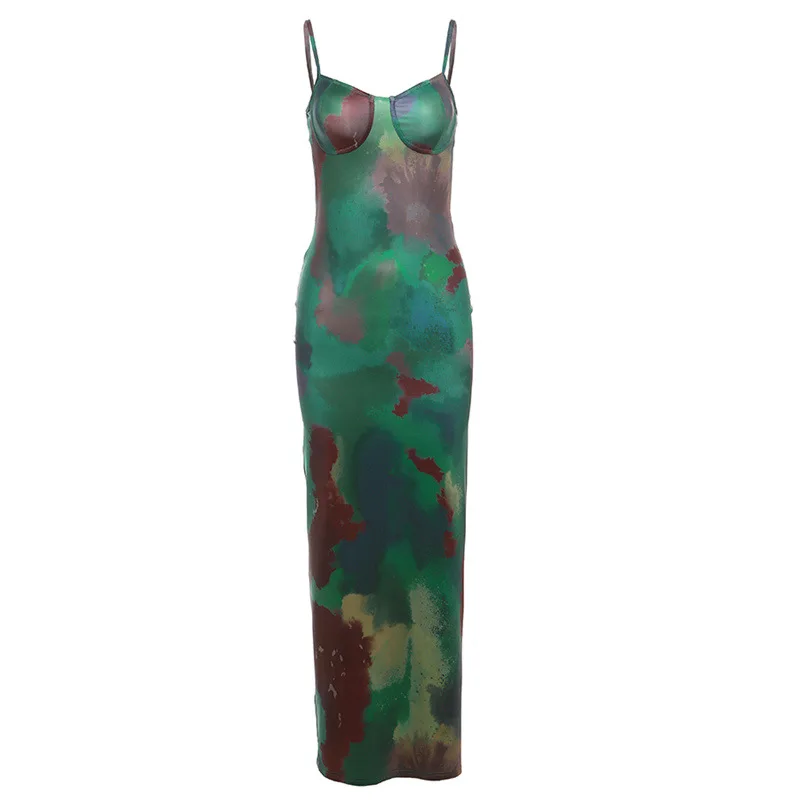 Summer Women Vintage Tie Dye Print Maxi Dress Sexy Backless Cleavage Body-shaping Elegant Spaghetti Strap Robe Party Vestido