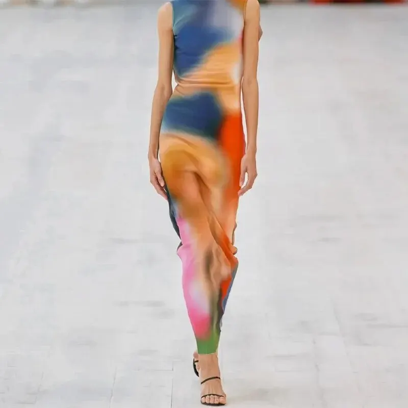 Women 2025 Summer Elegant Party Club Streetwear Beach Vacation Bodycon Tie-Dye Long Dress Wholesale Items For Business