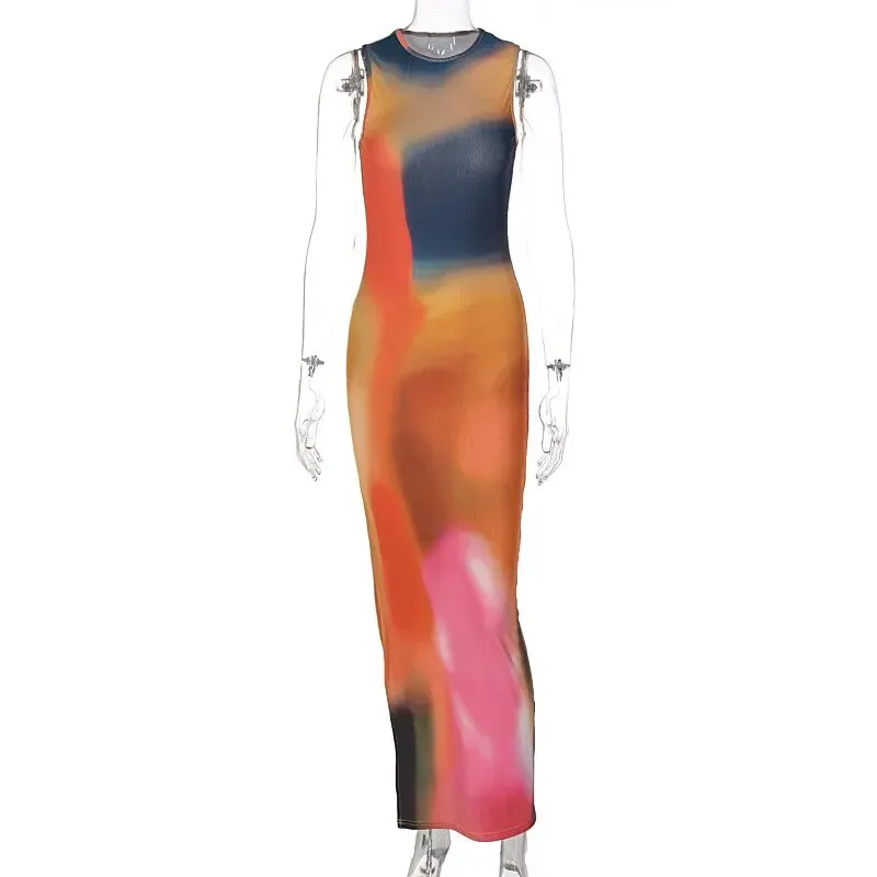 Women 2025 Summer Elegant Party Club Streetwear Beach Vacation Bodycon Tie-Dye Long Dress Wholesale Items For Business
