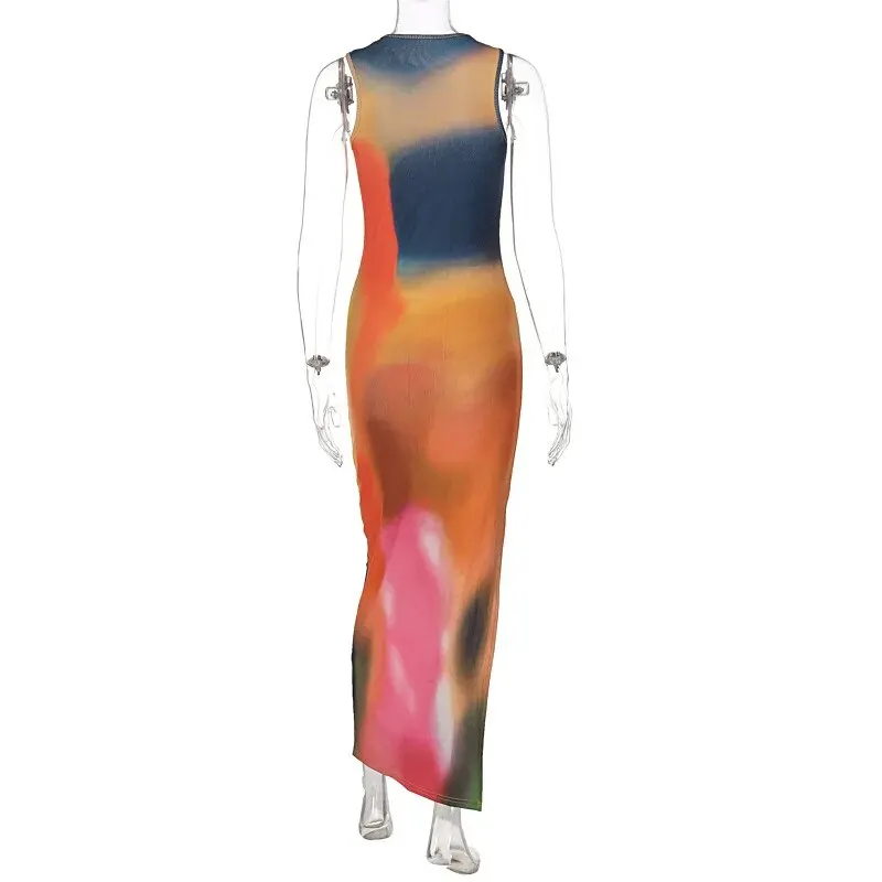 Women 2025 Summer Elegant Party Club Streetwear Beach Vacation Bodycon Tie-Dye Long Dress Wholesale Items For Business