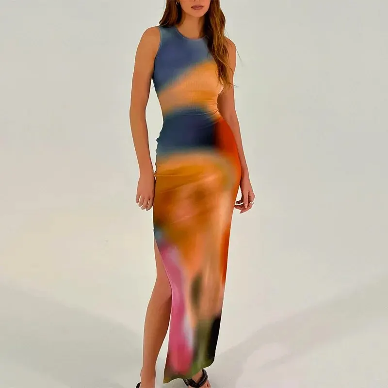 Women 2025 Summer Elegant Party Club Streetwear Beach Vacation Bodycon Tie-Dye Long Dress Wholesale Items For Business