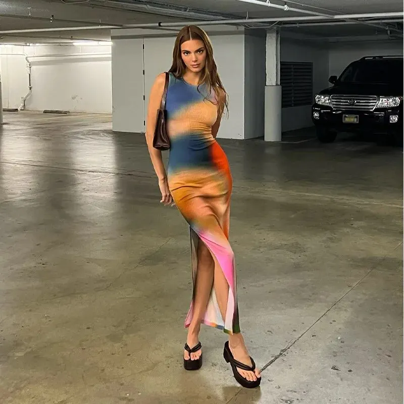 Women 2025 Summer Elegant Party Club Streetwear Beach Vacation Bodycon Tie-Dye Long Dress Wholesale Items For Business