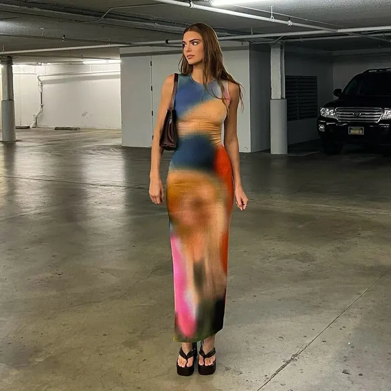 Women 2025 Summer Elegant Party Club Streetwear Beach Vacation Bodycon Tie-Dye Long Dress Wholesale Items For Business