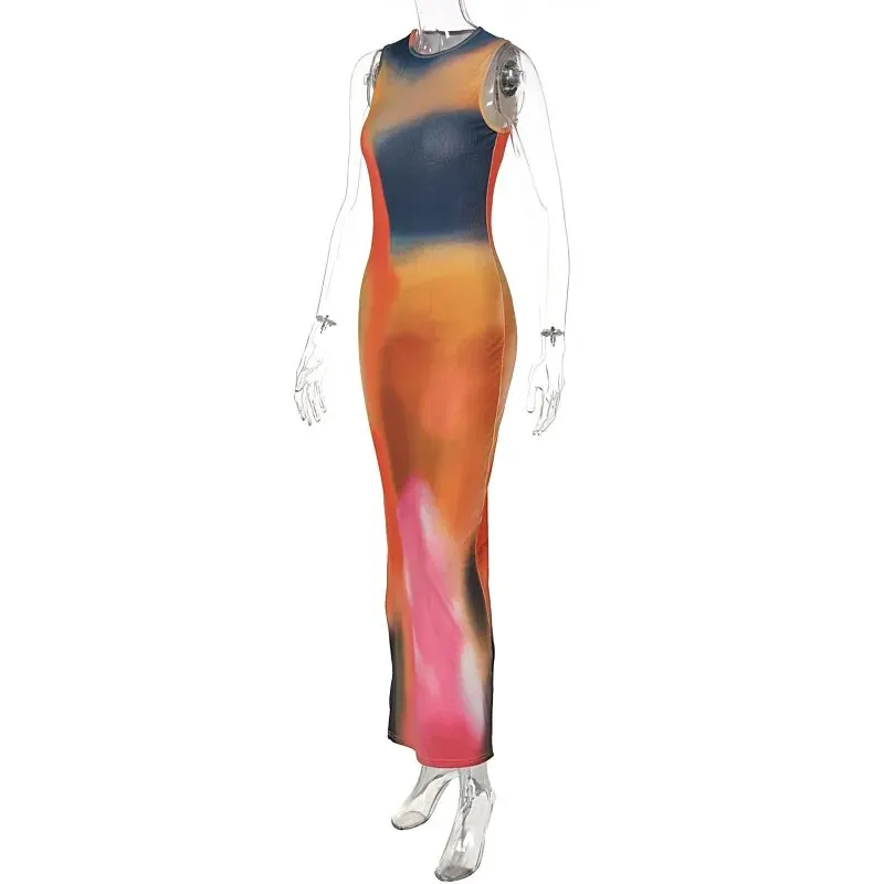 Women 2025 Summer Elegant Party Club Streetwear Beach Vacation Bodycon Tie-Dye Long Dress Wholesale Items For Business