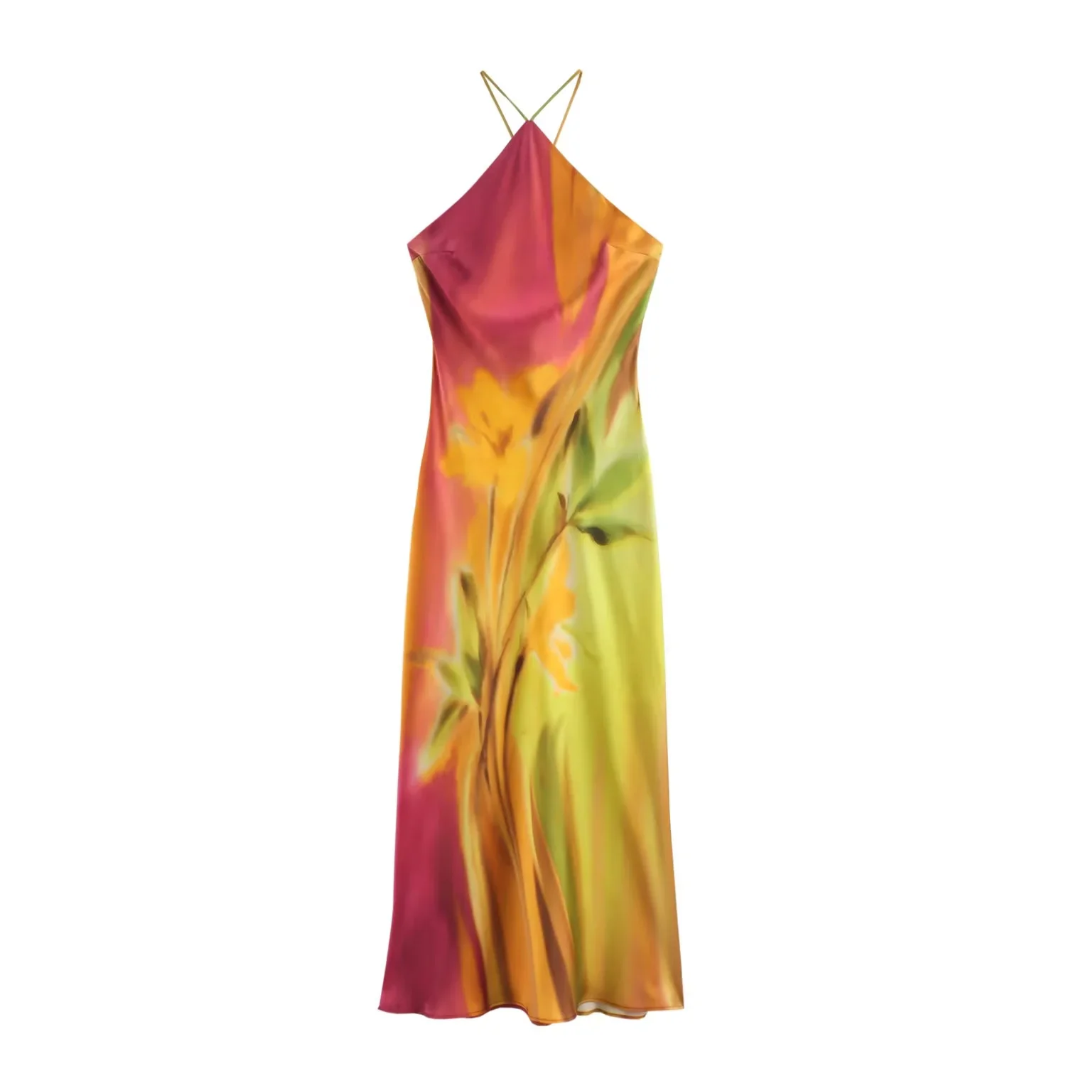  Women's Dress 2024 Print Halter Midi Dresses Summer Tie Dye Long Dresses For Women Backless Sexy Satin Holiday Dresses