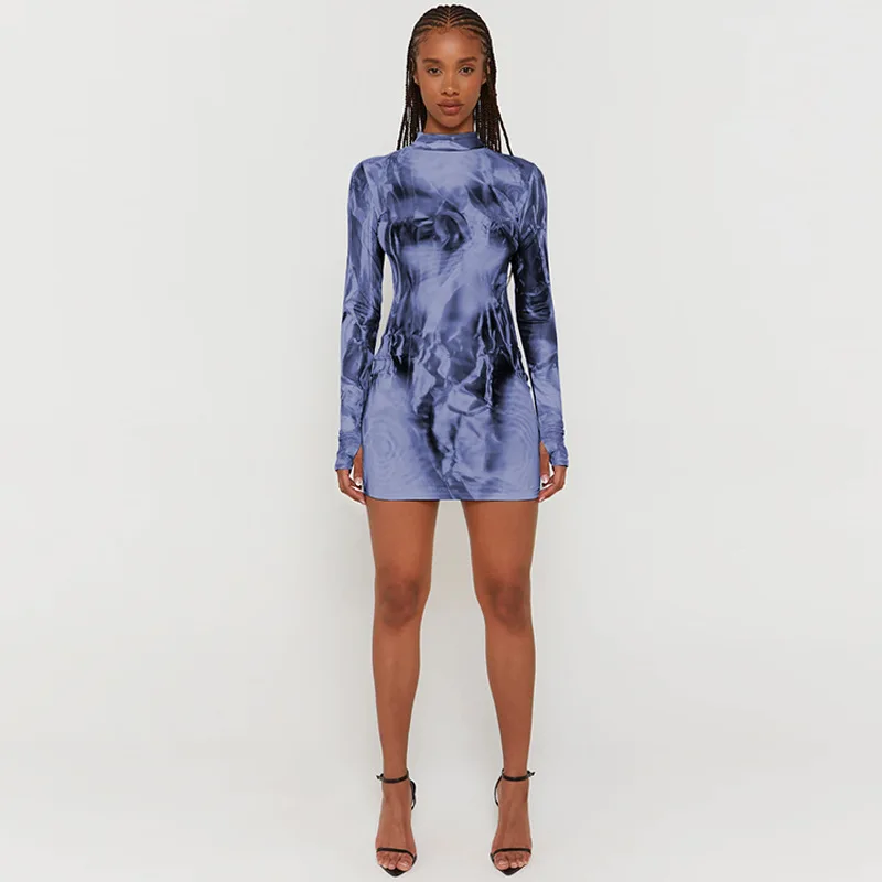 Tie Dye Print Long Sleeve Mini Dress For Women Bodycon Skinny Shrot Dress Clothes Fall Autumn Winter Wholesale Items Tie Dye Print Long Sleeve Mini Dress For Women Bodycon Skinny Shrot Dress Clothes Fall Autumn Winter Wholesale Items