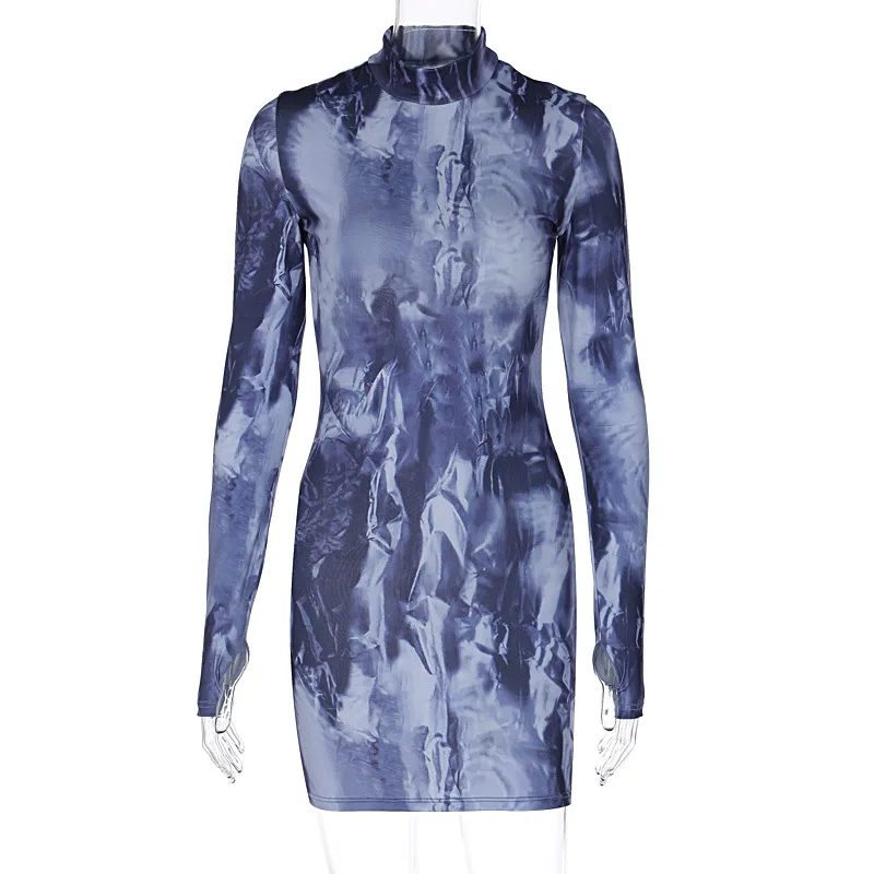 Tie Dye Print Long Sleeve Mini Dress For Women Bodycon Skinny Shrot Dress Clothes Fall Autumn Winter Wholesale Items Tie Dye Print Long Sleeve Mini Dress For Women Bodycon Skinny Shrot Dress Clothes Fall Autumn Winter Wholesale Items