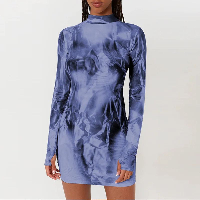 Tie Dye Print Long Sleeve Mini Dress For Women Bodycon Skinny Shrot Dress Clothes Fall Autumn Winter Wholesale Items Tie Dye Print Long Sleeve Mini Dress For Women Bodycon Skinny Shrot Dress Clothes Fall Autumn Winter Wholesale Items