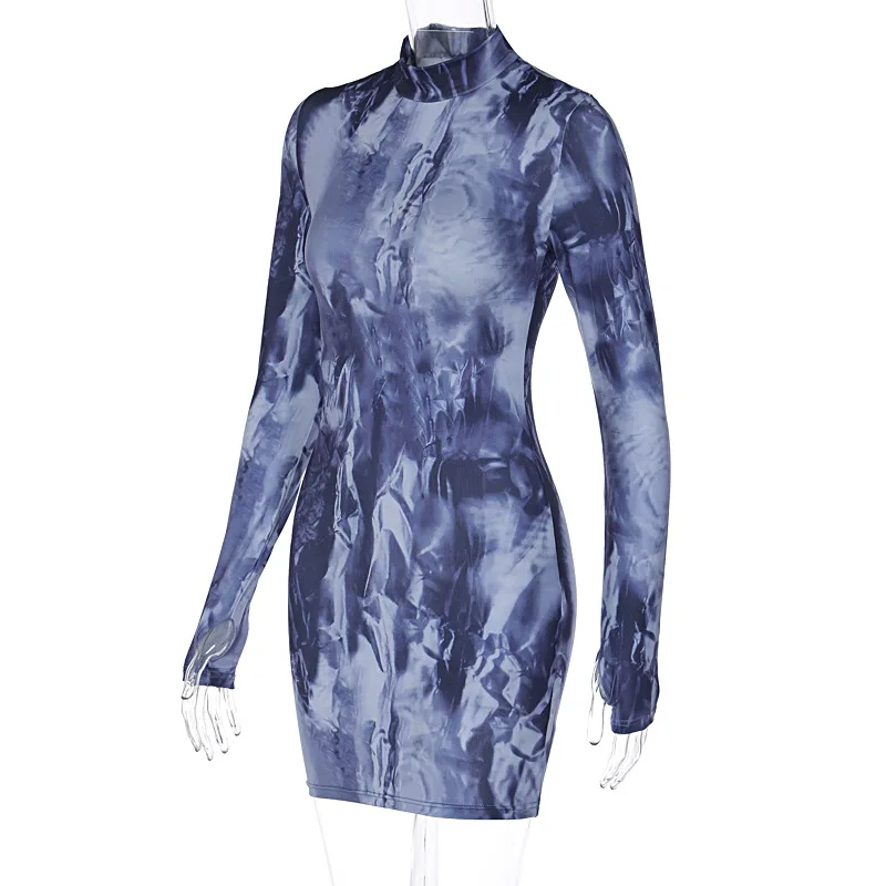 Tie Dye Print Long Sleeve Mini Dress For Women Bodycon Skinny Shrot Dress Clothes Fall Autumn Winter Wholesale Items Tie Dye Print Long Sleeve Mini Dress For Women Bodycon Skinny Shrot Dress Clothes Fall Autumn Winter Wholesale Items