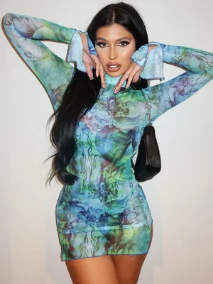 Mesh Printed Flared Sleeve Tie Dye Dress