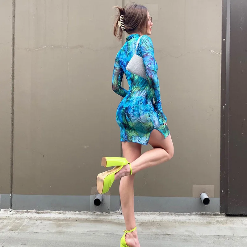 Sister Star Summer Women Clothing Temperament Mesh Printed Round Neck Flared Sleeve Side Split Hip Wrap Elegant Dress