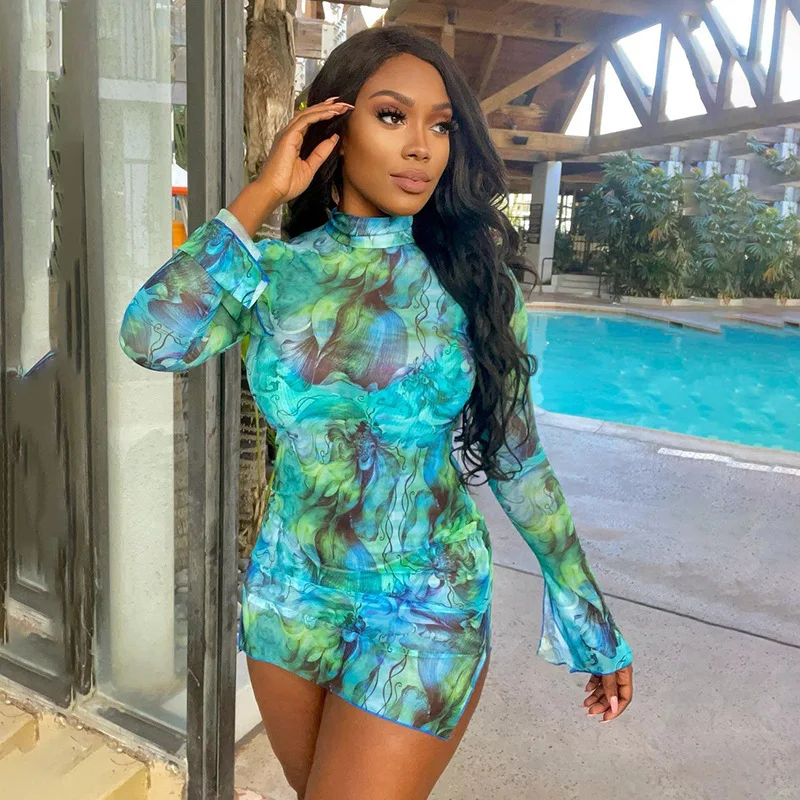 Sister Star Summer Women Clothing Temperament Mesh Printed Round Neck Flared Sleeve Side Split Hip Wrap Elegant Dress