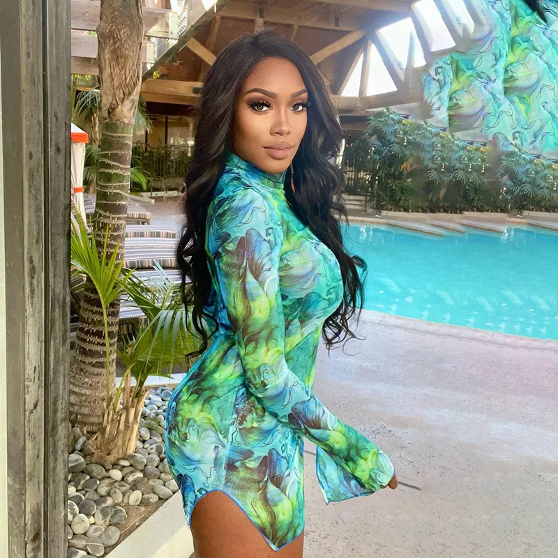 Sister Star Summer Women Clothing Temperament Mesh Printed Round Neck Flared Sleeve Side Split Hip Wrap Elegant Dress