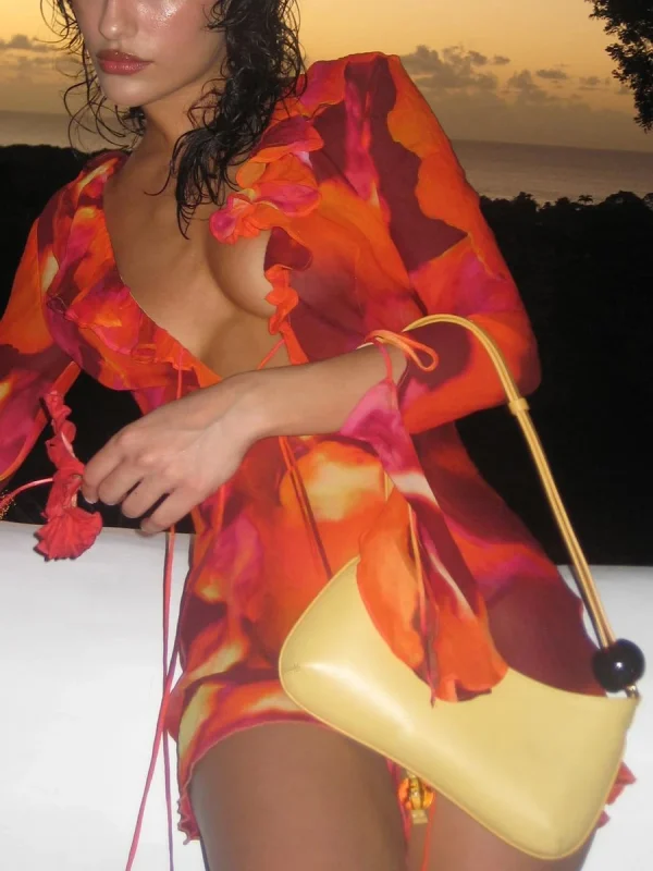 Ruffle Long Sleeve Mini Tie-up Dress - Image 5