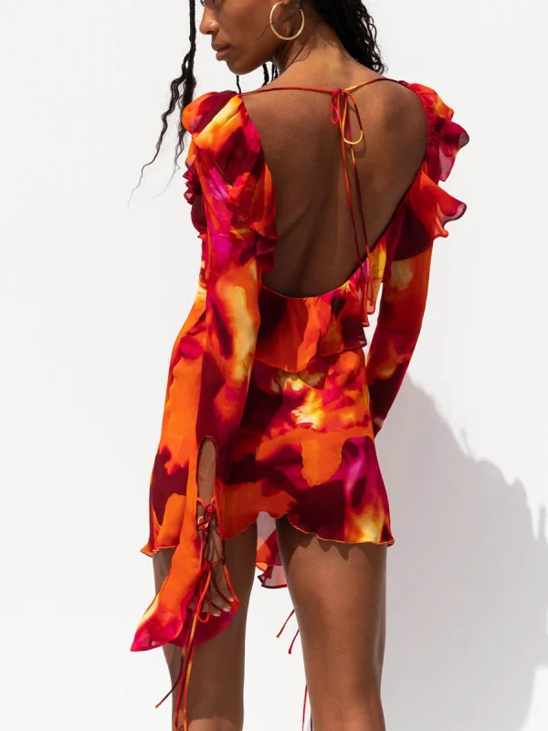 Ruffle Long Sleeve Mini Tie-up Dress - Image 2