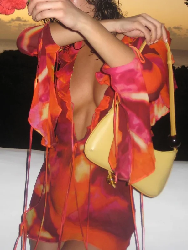 Ruffle Long Sleeve Mini Tie-up Dress - Image 3
