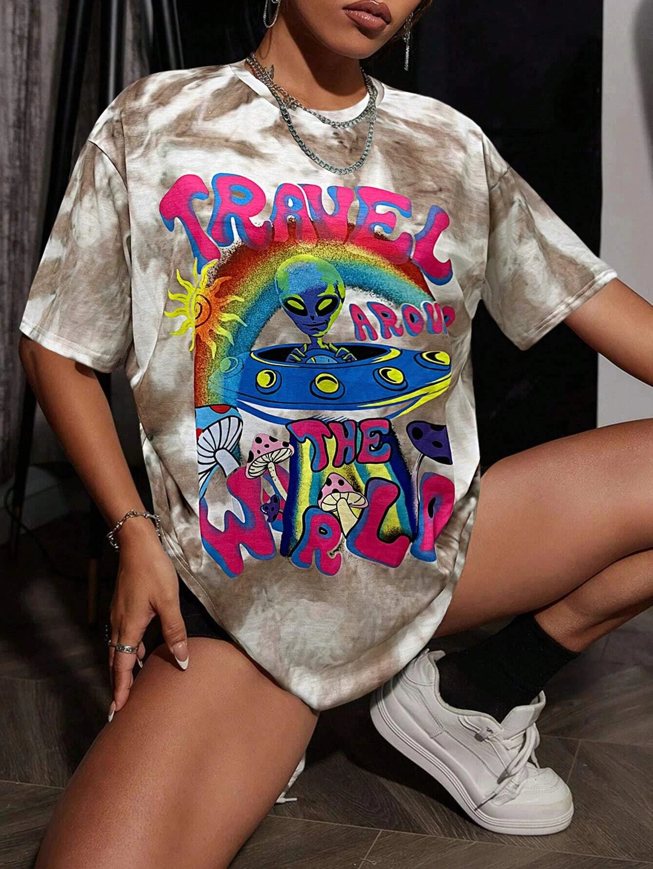 Summer Women'S T-Shirt Tie Dye Alien Print Pattern Short Sleeved O-Neck Fashionable Quick Drying Contrasting Color Women'S Top