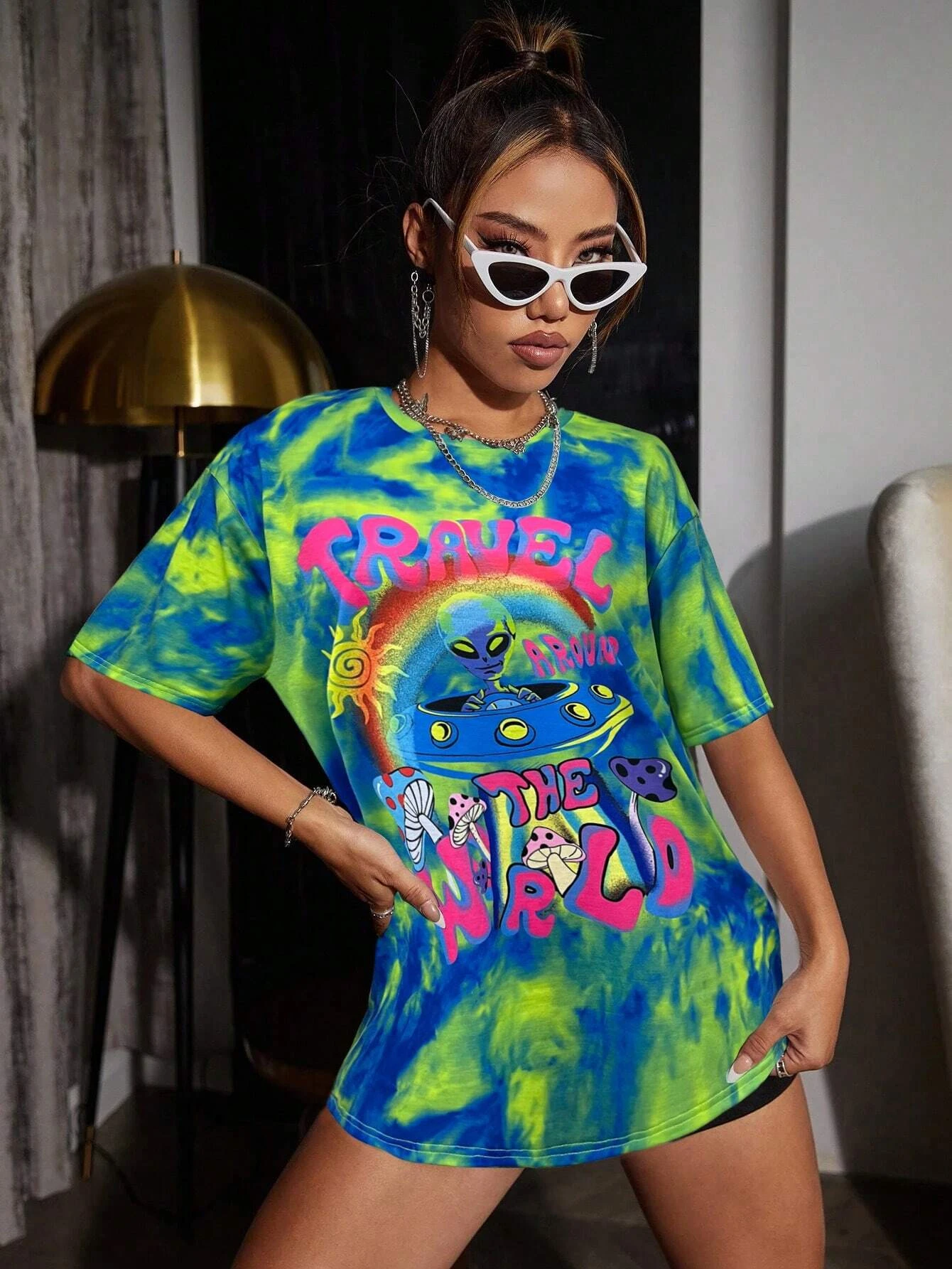Summer Women'S T-Shirt Tie Dye Alien Print Pattern Short Sleeved O-Neck Fashionable Quick Drying Contrasting Color Women'S Top