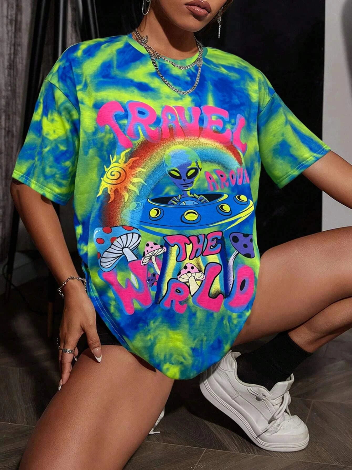 Summer Women'S T-Shirt Tie Dye Alien Print Pattern Short Sleeved O-Neck Fashionable Quick Drying Contrasting Color Women'S Top