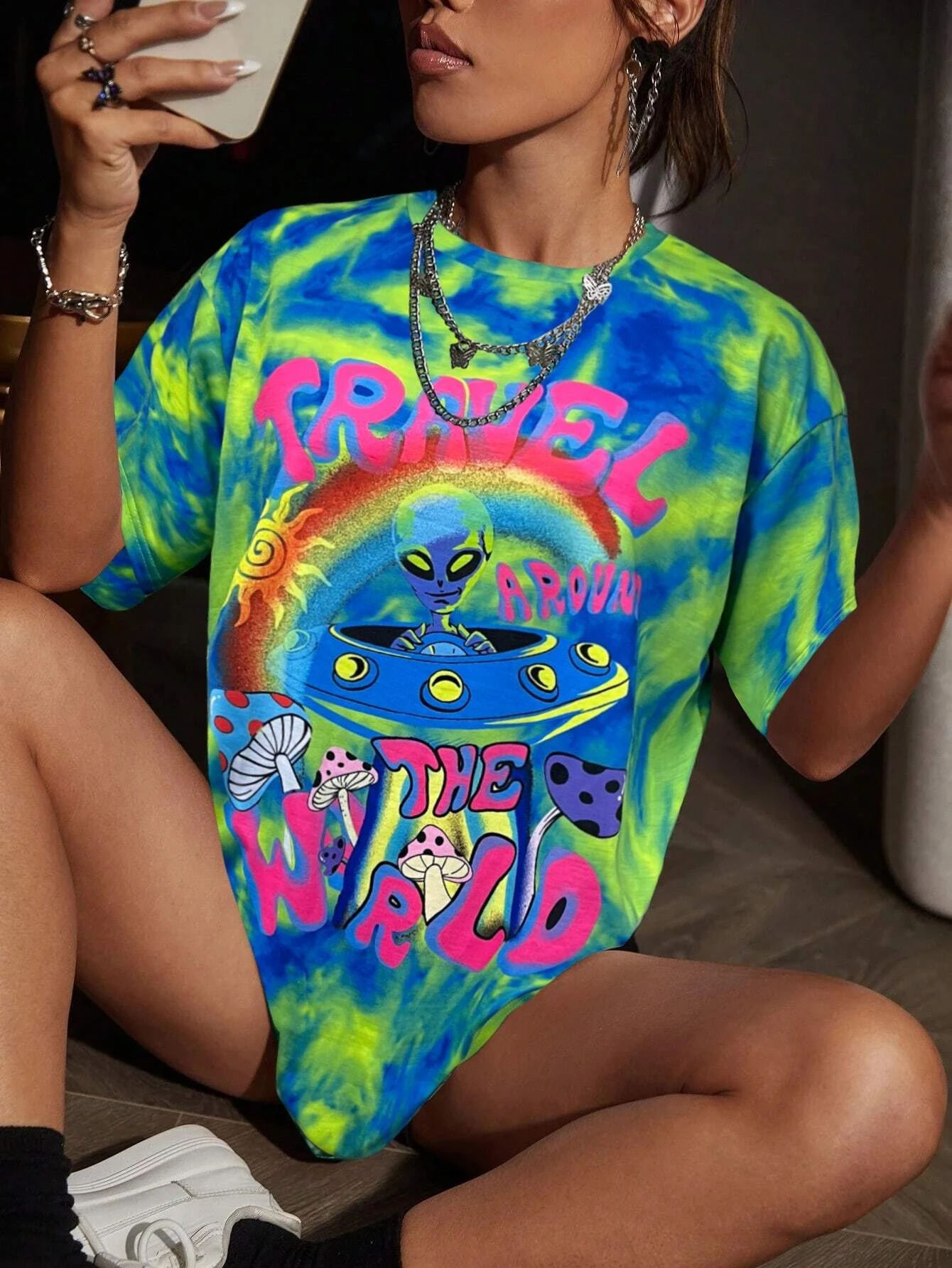 Summer Women'S T-Shirt Tie Dye Alien Print Pattern Short Sleeved O-Neck Fashionable Quick Drying Contrasting Color Women'S Top