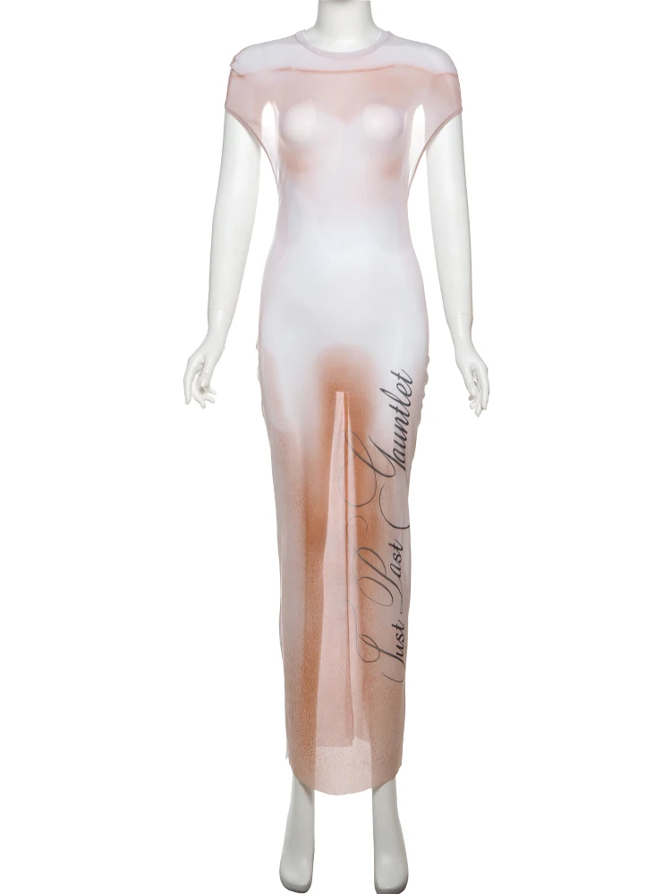 kliou Tie Dye Letter Print Women Maxi Dresses Sexy Mesh Thin Short Sleeve O-Neck Sheath Robe Mujer Elegant Backless Party Frock
