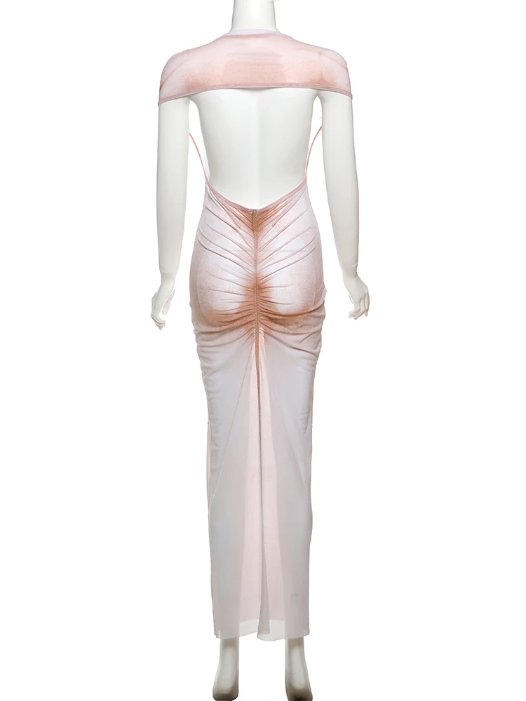 kliou Tie Dye Letter Print Women Maxi Dresses Sexy Mesh Thin Short Sleeve O-Neck Sheath Robe Mujer Elegant Backless Party Frock