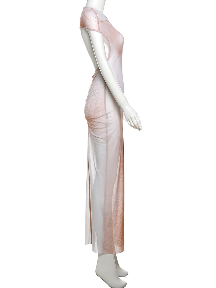 kliou Tie Dye Letter Print Women Maxi Dresses Sexy Mesh Thin Short Sleeve O-Neck Sheath Robe Mujer Elegant Backless Party Frock