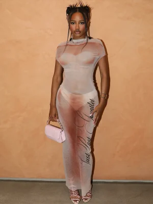 Tie-Dye Backless Print Mesh Maxi Dress