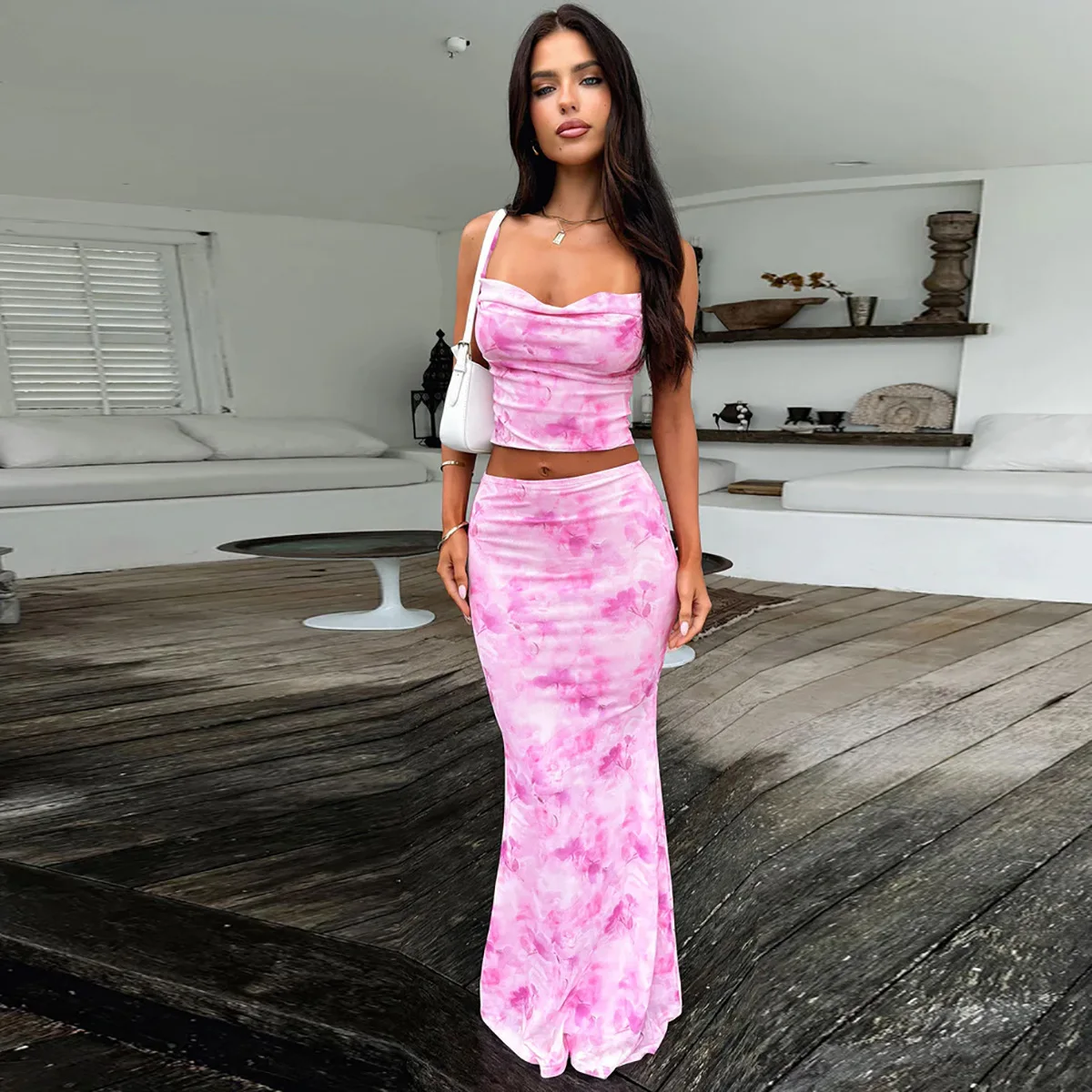 Fashion Women Summer Mesh Tie Dye Spaghetti Strap+Hips Wrap Skirt Sexy Slim Sleevess Backless Crop Vest Long Skirt 2pcs Suits
