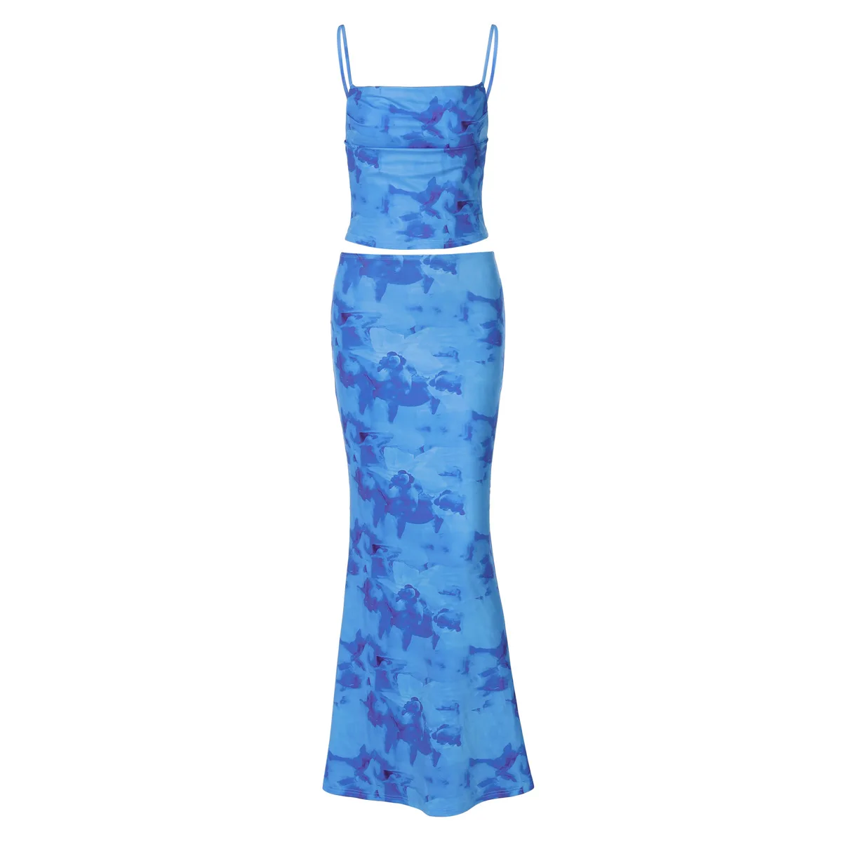 Fashion Women Summer Mesh Tie Dye Spaghetti Strap+Hips Wrap Skirt Sexy Slim Sleevess Backless Crop Vest Long Skirt 2pcs Suits