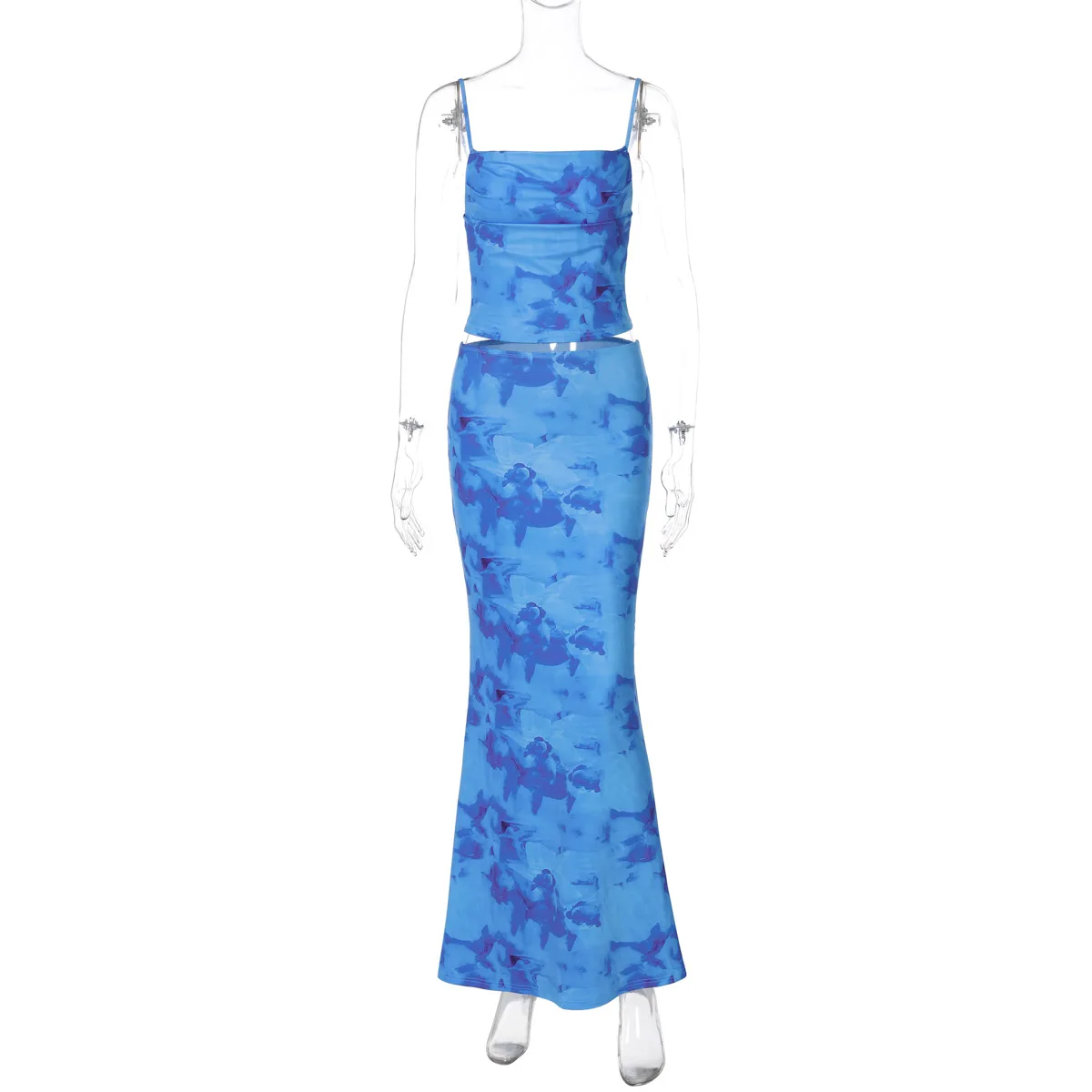 Fashion Women Summer Mesh Tie Dye Spaghetti Strap+Hips Wrap Skirt Sexy Slim Sleevess Backless Crop Vest Long Skirt 2pcs Suits