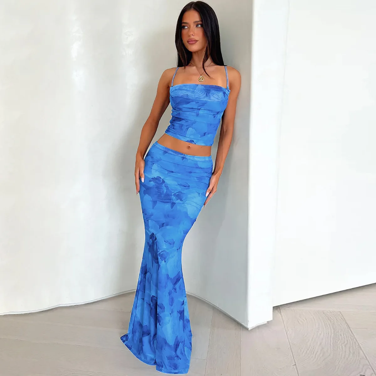 Fashion Women Summer Mesh Tie Dye Spaghetti Strap+Hips Wrap Skirt Sexy Slim Sleevess Backless Crop Vest Long Skirt 2pcs Suits