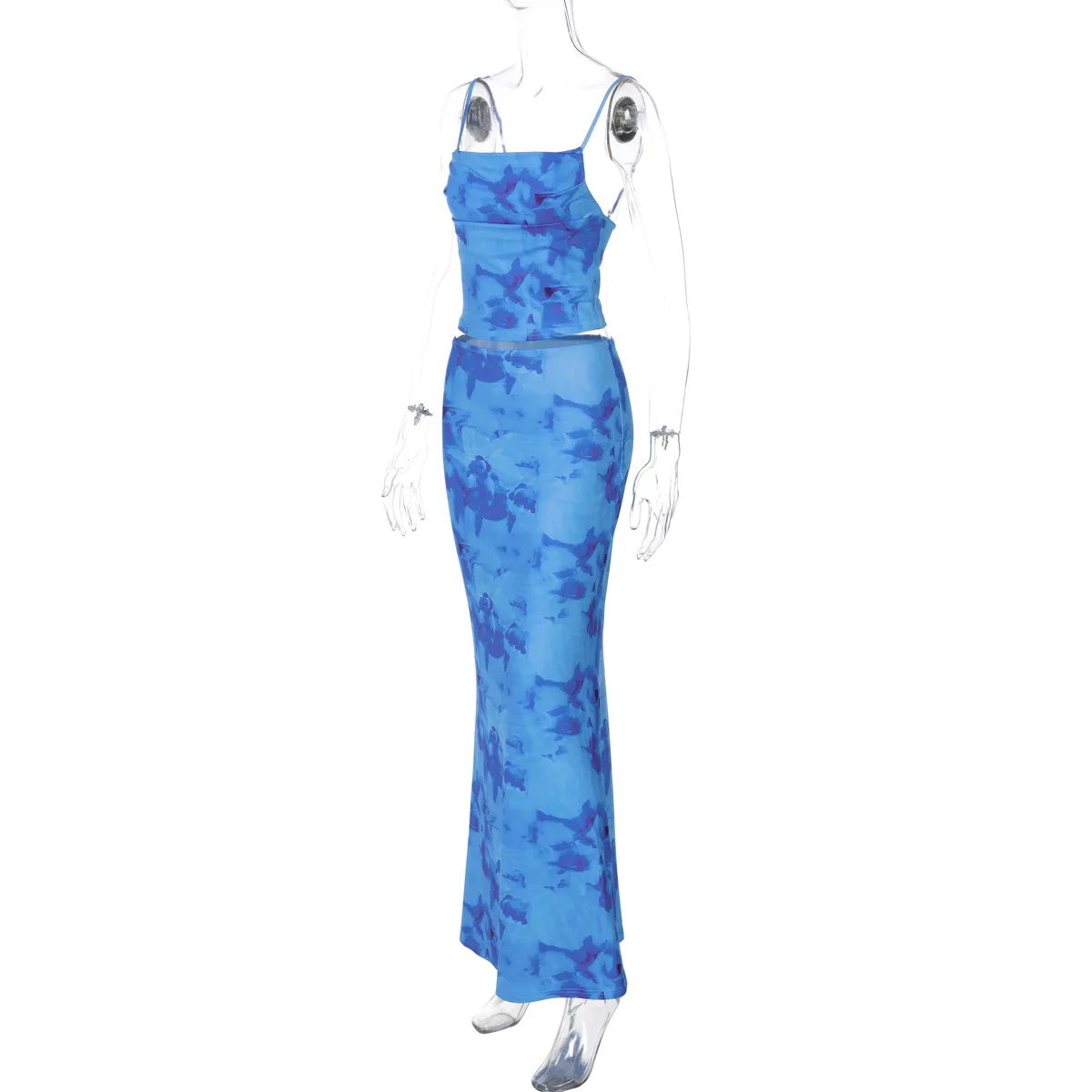 Fashion Women Summer Mesh Tie Dye Spaghetti Strap+Hips Wrap Skirt Sexy Slim Sleevess Backless Crop Vest Long Skirt 2pcs Suits