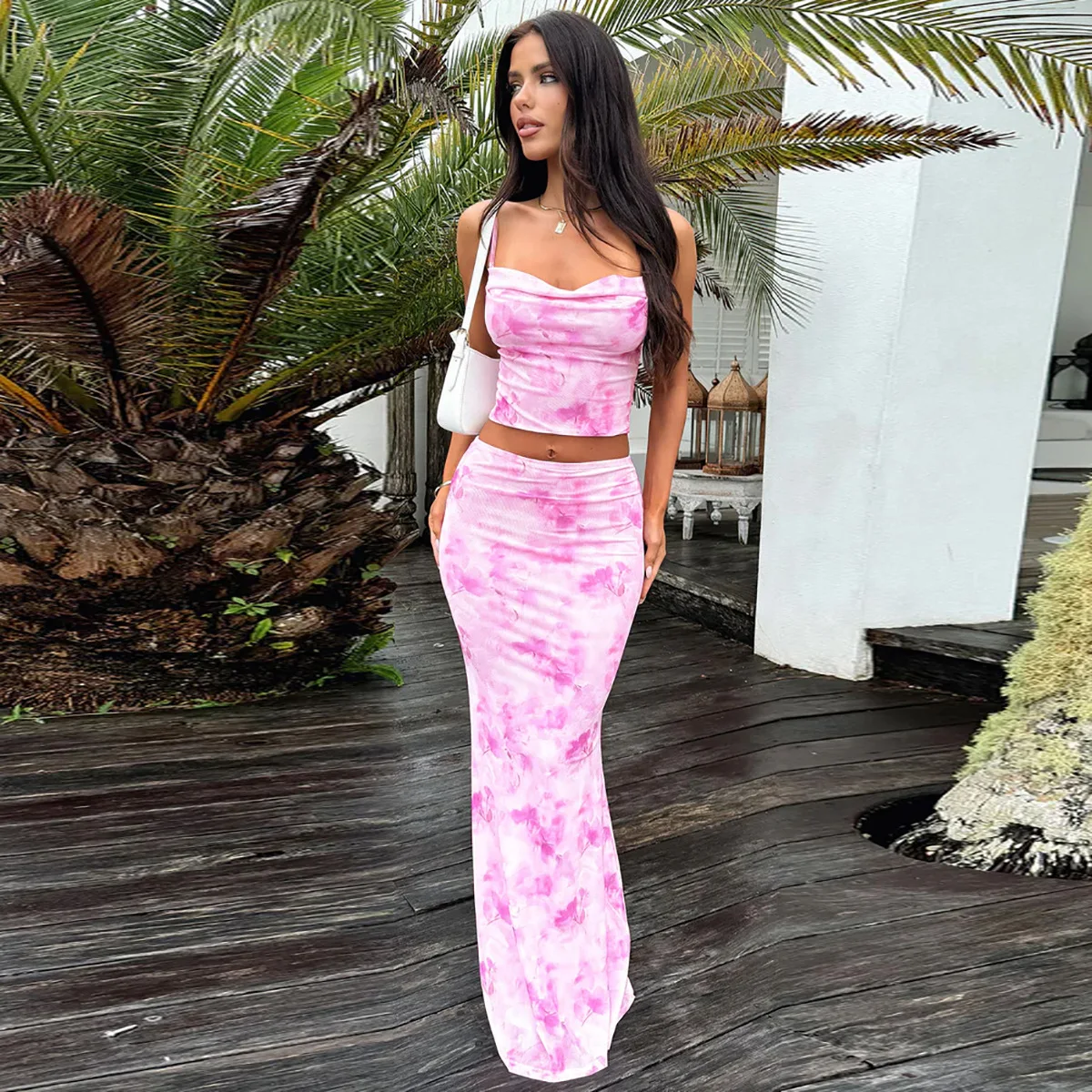 Fashion Women Summer Mesh Tie Dye Spaghetti Strap+Hips Wrap Skirt Sexy Slim Sleevess Backless Crop Vest Long Skirt 2pcs Suits