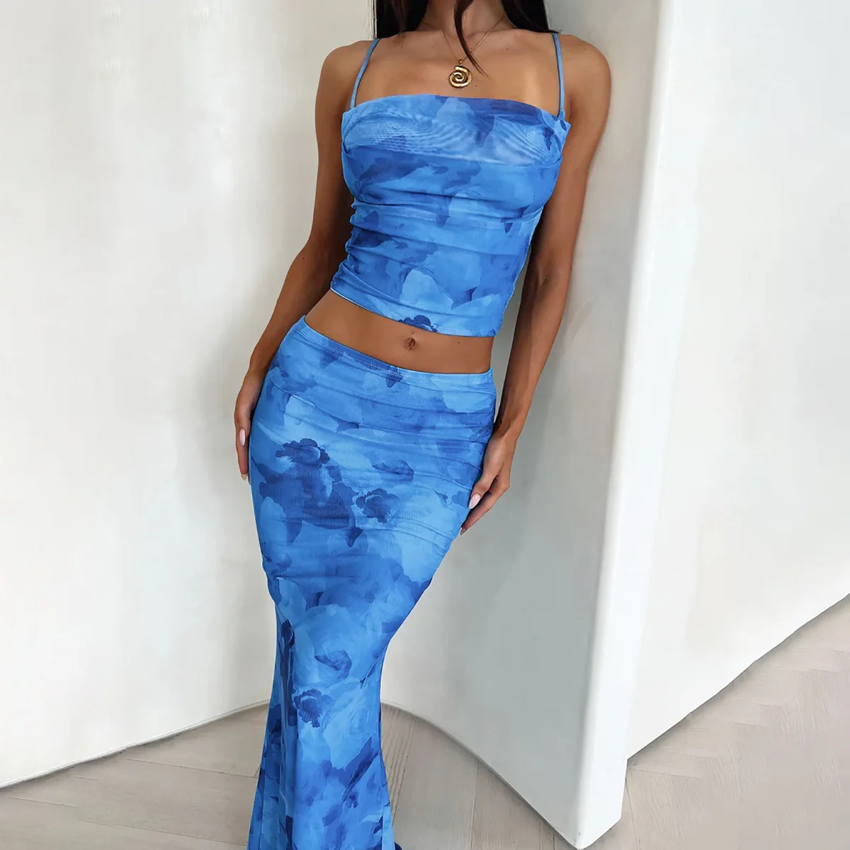 Fashion Women Summer Mesh Tie Dye Spaghetti Strap+Hips Wrap Skirt Sexy Slim Sleevess Backless Crop Vest Long Skirt 2pcs Suits